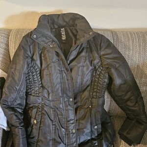 Intl Women's Black Quilted Puffer Jacket with Ruched Panels